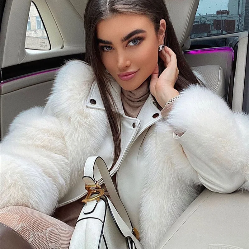 

Зимняя женская шуба из искусственного меха, укороченная куртка из искусственного меха и кожи в стиле пэчворк, короткая Высококачественная шуба из искусственного лисьего меха, верхняя одежда