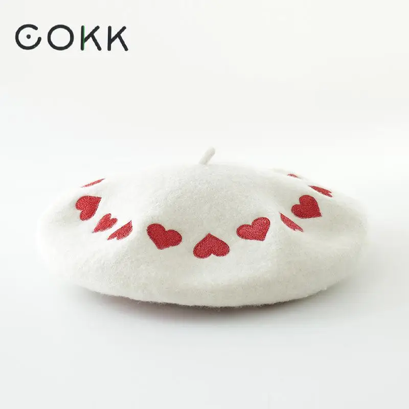 

COKK Embroidered Love Heart Wool Beret Autumn Winter Hats For Women Beanie Painter Cap Female Gorras Vintage Bonnet Cute Lady