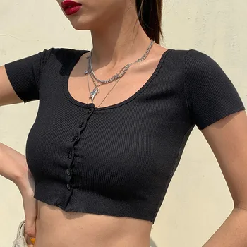 

Sexy Tee Tops Women Button Knitted Short Sleeve Korean Style Ribbed Green White Blue Summer Crop Tops
