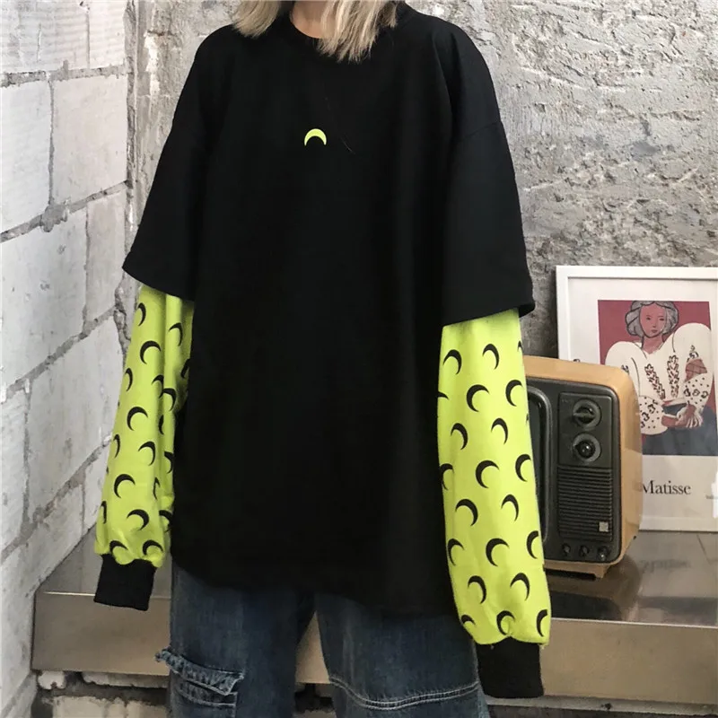 Woherb с длинным рукавом поддельные две части толстовки Harajuku мода свободные луна печати Топы женские корейский свитер уличная 91280