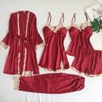 

Silky 5PCS Sleep Set Women Nightwear Satin Kimono Robe Gown Pajamas Sexy Sleepwear Homewear Lace Patchwork Bridal Wedding Gift