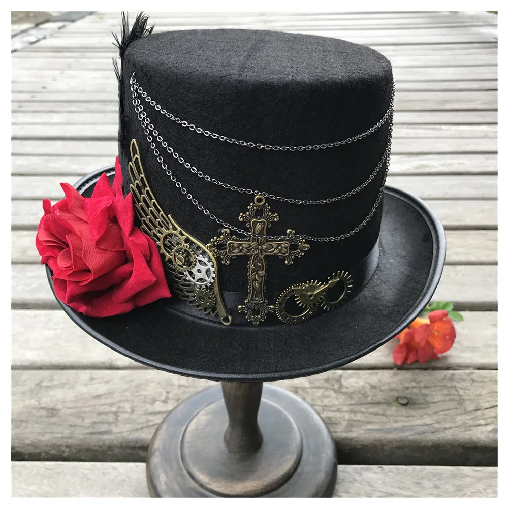 Retro Women Handmade Steampunk Top Hat With Flower Bowler Hat Dance Party Hat Size 57CM