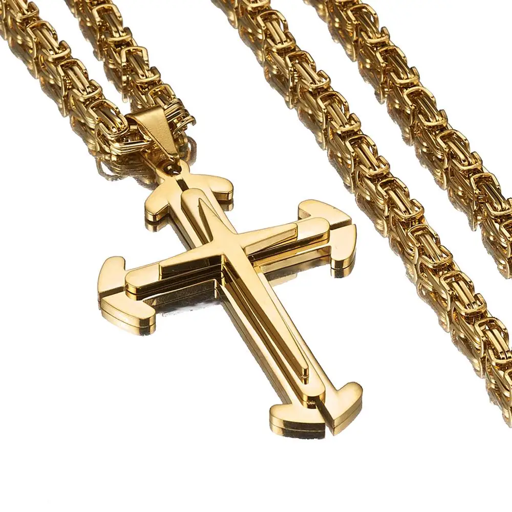 High Polished Men's Three Layers Jesus Cross Pendant Punk Hip Hop 316L Stainless Steel Byzantine Box Chain Necklace 22-40inch