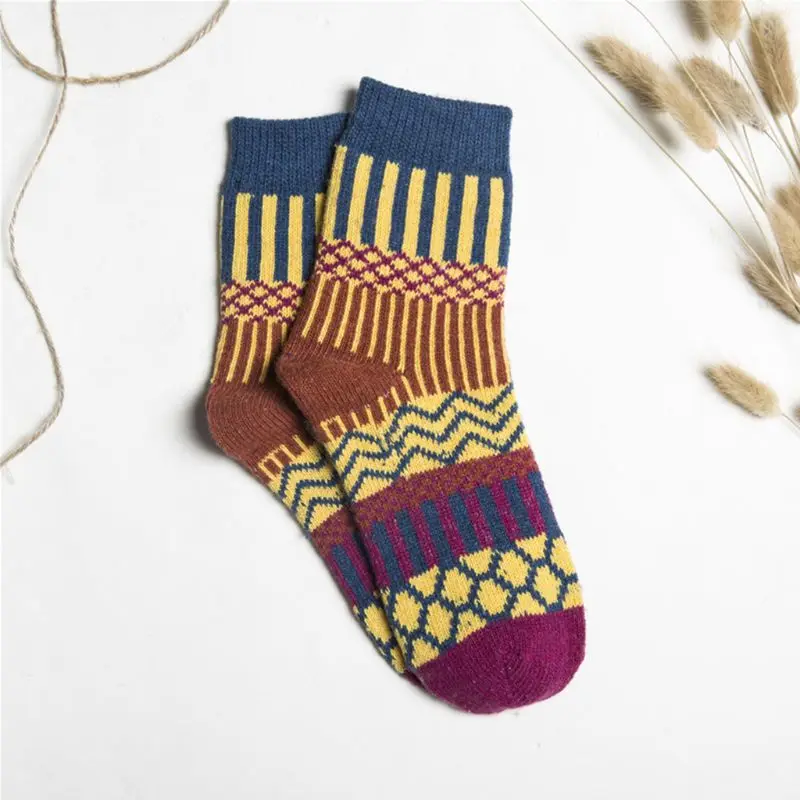5 Pair Women Girl Socks Soft Wool Warm Winter Thick Geometry Printing Comfortabe B0KD