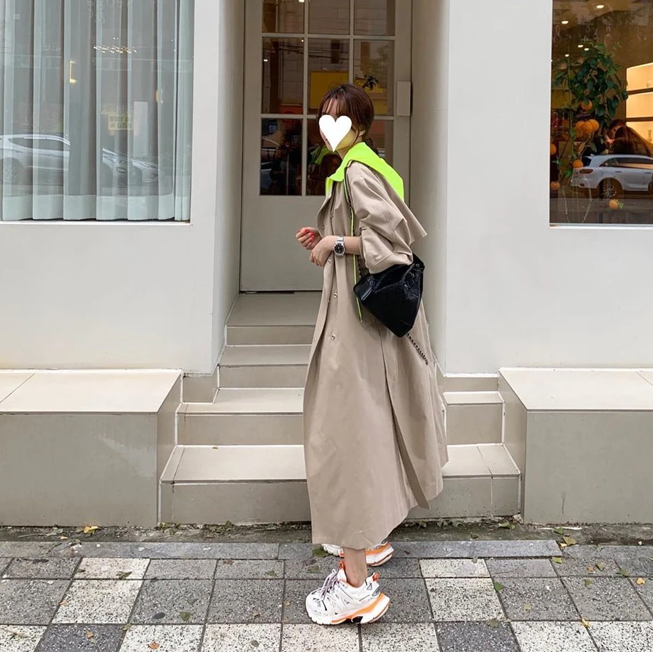 

Korean Style Women Oversized Long Trench Coat Retro Frock Windbreaker Women Long Sleeve Loose Female Hooded Long Coat