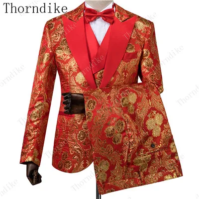 Бренд мужской плюс размер 5XL золотой цветочный узор Slim Fit Мужские костюмы куртка+ брюки+ жилет свадебный смокинг жениха певица костюм - Цвет: 27