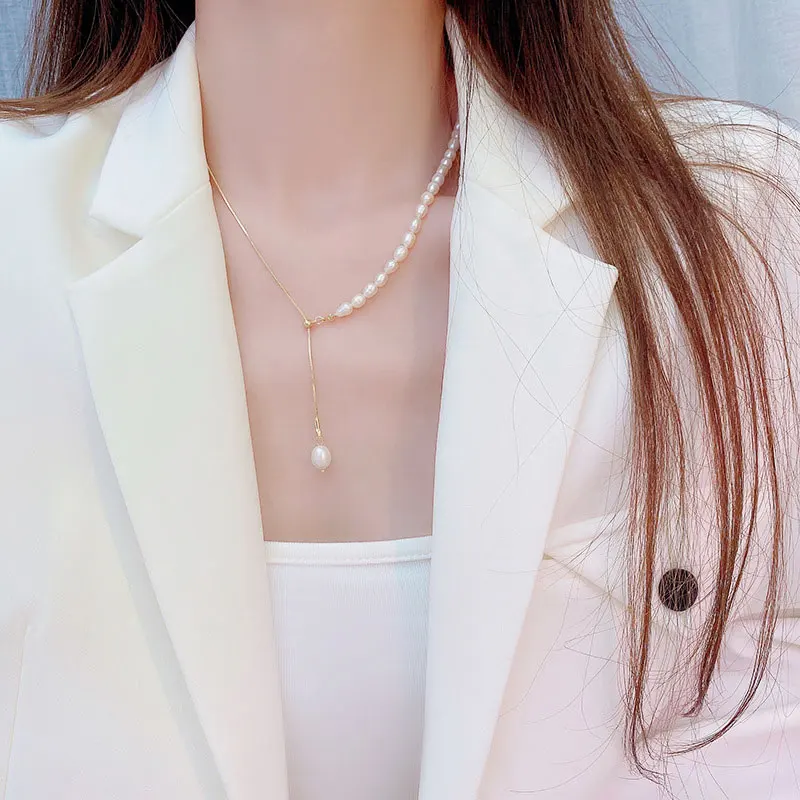 Freshwater Pearl Necklace Adjustable Necklace Elegant For Women Summer Chain With Pendant Temperament Y Chain Shine Jewelry - Image 5