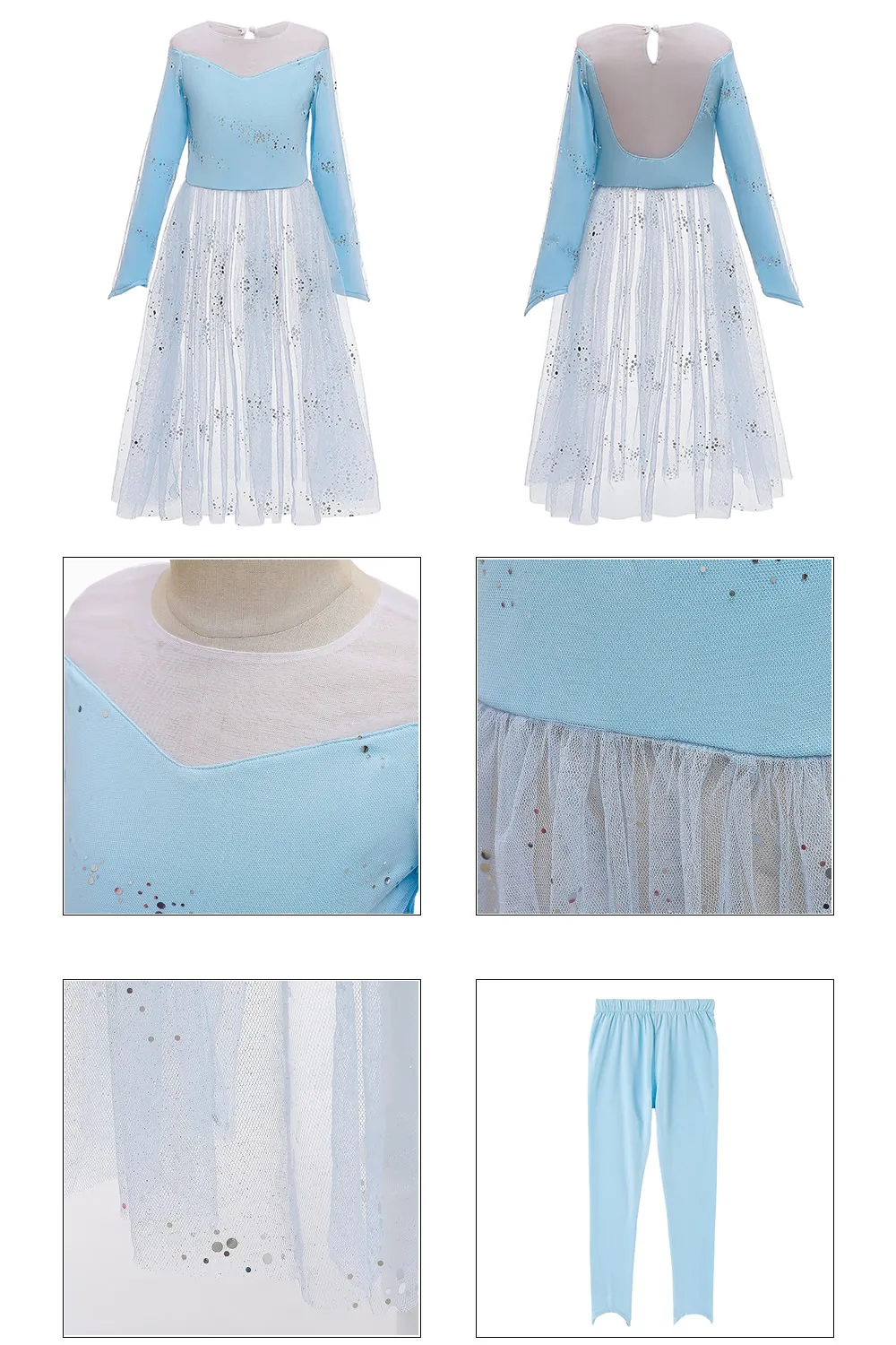 Голубое платье Эльзы для девочек; комплект из 2 предметов; кружевное платье принцессы для костюмированной вечеринки с длинными рукавами, блестками и принтом снежинки; градиентные костюмы; платья средней длины