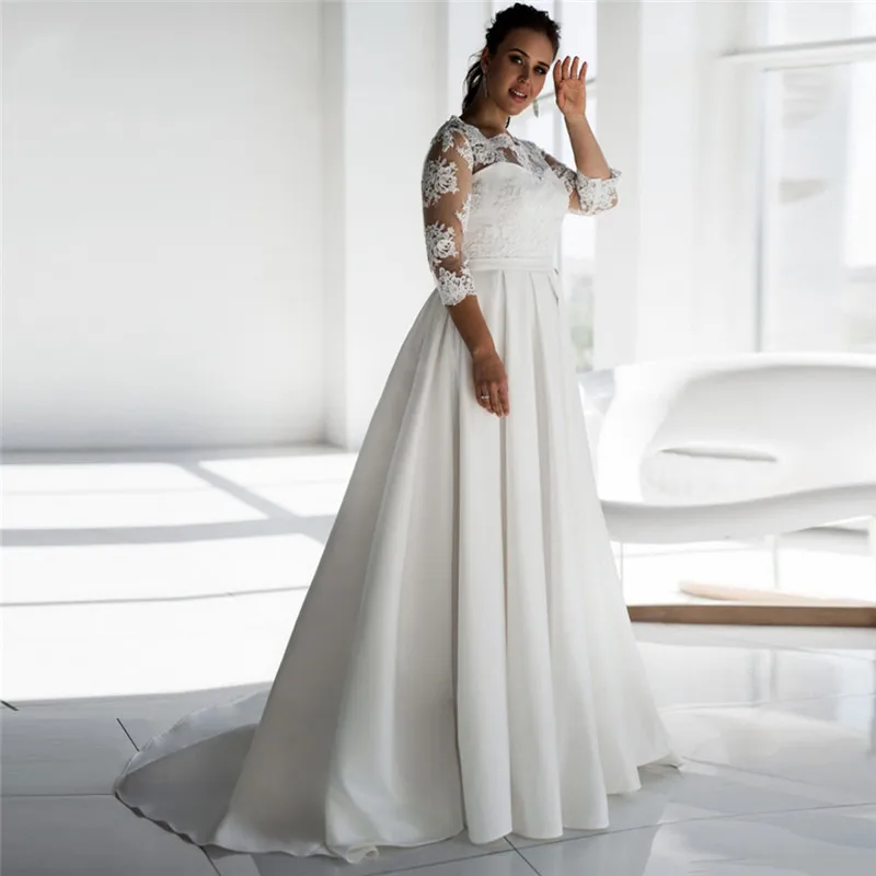 

Quarter Sleeves Lace Appliques Top Satin Wedding Dress Lace Up Corset Court Train Bridal Gowns Custom Online 2021 Robe De Mariee