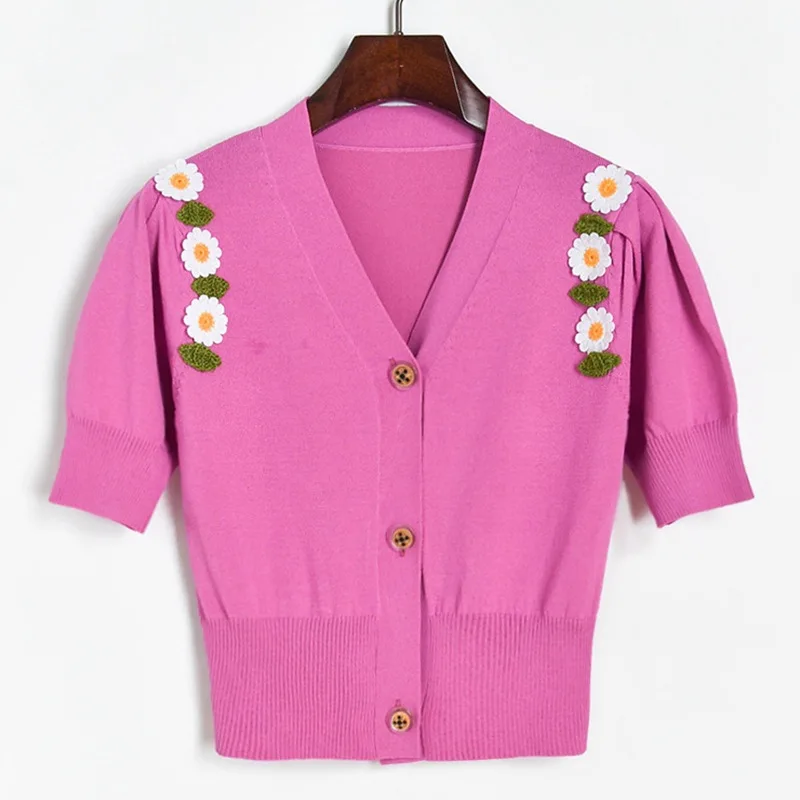 Crop Cardigan 2020 Summer Women Sweater Coat V-neck Single Breasted Thin Hand Hook Daisy Half Puff Sleeve Knitted Tops |