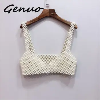 

Genuo 2019 New Fashion Knitted Pearls Crop Top Women Exquisite Sexy Outside Beading Tank Tops Camis Vadim Streetwear Clothes