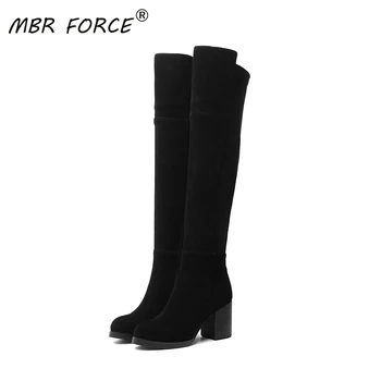 

MBR FORCE high quality cow suede leather boots winter ladies round toe sexy elegant stretch fabric black high heel high boots