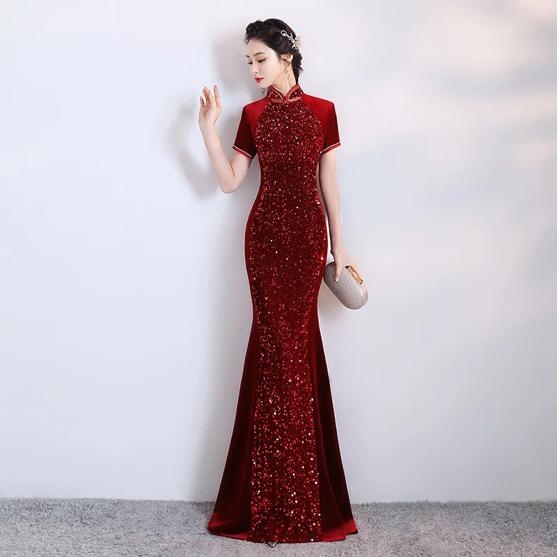 

Velour Female Large Size 3XL-7XL Cheongsam Sequins Bling Qipao Mandarin Collar Vintage Banquet Party Dress Gown Sexy Vestidos