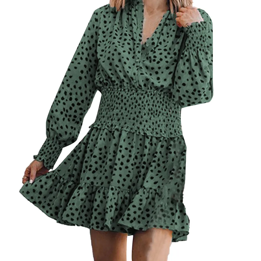 Женское платье Feitong, свободное, богемное, тонкое, Vestidos, в горошек, v-образный вырез, длинный рукав, пояс, мини платье, женское платье
