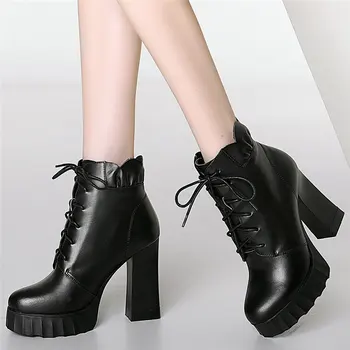 melhor Laço Até Botas De Tornozelo Gótico Mulheres De Couro Genuíno Botas De Salto Alto Da Motocicleta Feminino Alto Topo Redondo Dedo Do Pé Plataforma Chunky Bombas Sapatos