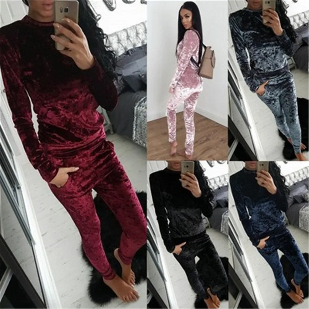 

2 Piece Set Women Velvet Velour Suit Top Sweatpants Female Winter Sweatshirt Pants Two Piece Set Track Suit 3XL Plus Size W6603