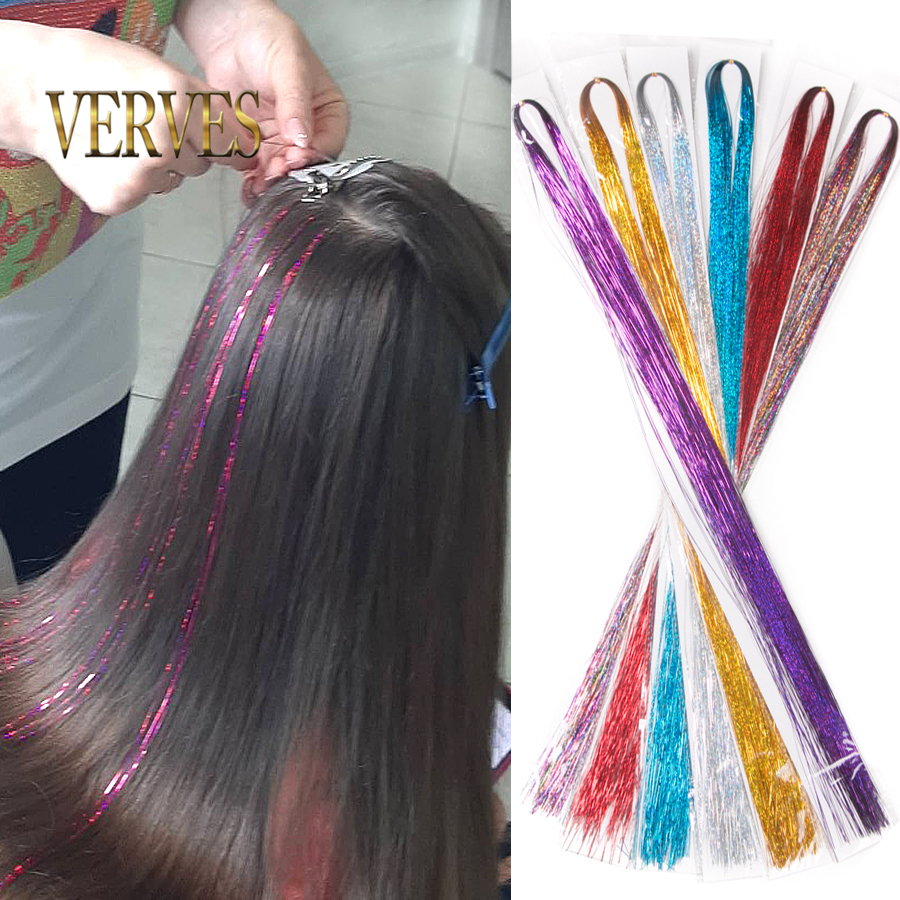 Sparkle Shiny Hair Tinsel Rainbow Silk Hair Extensions Dazzles Women Hippie for Braiding Headdress 120 Strands/piece