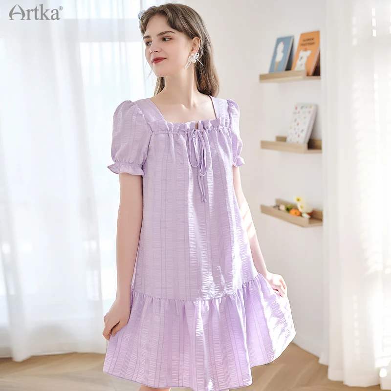 

ARTKA 2021 Summer New Women Dress Elegant Vintage Square Collar Chiffon Dresses Puff Sleeve Loose Ruffle Midi Dress LA21011X