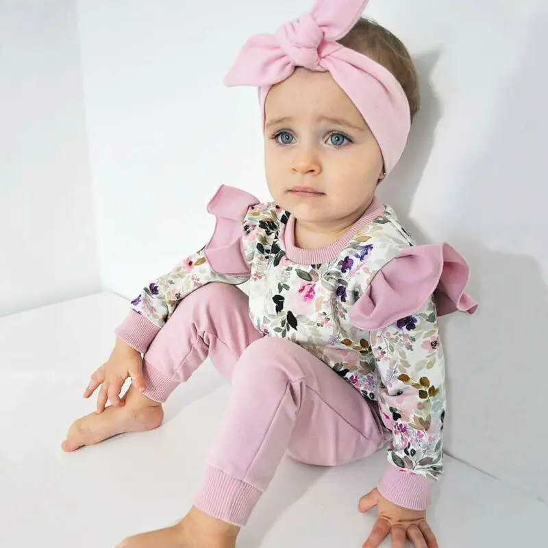 CANIS Sweet Infant Baby Girl Clothes Autumn Long Sleeve Ruffles Flower Printed Tops+Solid color Pants+Headband 3PCS Outfit