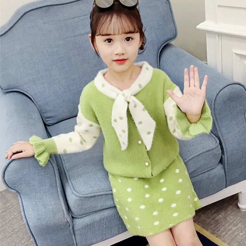 DFXD/в Корейском стиле платье принцессы для крупных девушек, вечерние костюм Осень Высокое качество с рукавом в форме лепестка, однобортное, с бантом кардиган, жакет с воротником+ юбка - Цвет: Green