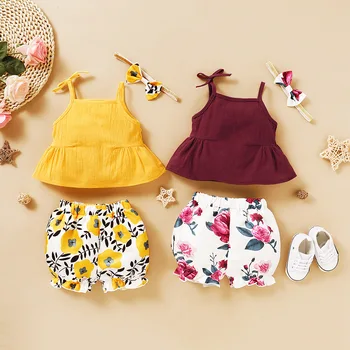 

Baby Girl Outfits Summer Infant Clothes Girl Bow Strap Top Print Short Pants Headband 3Pcs Newborn Girl Clothing Toddler Outfits