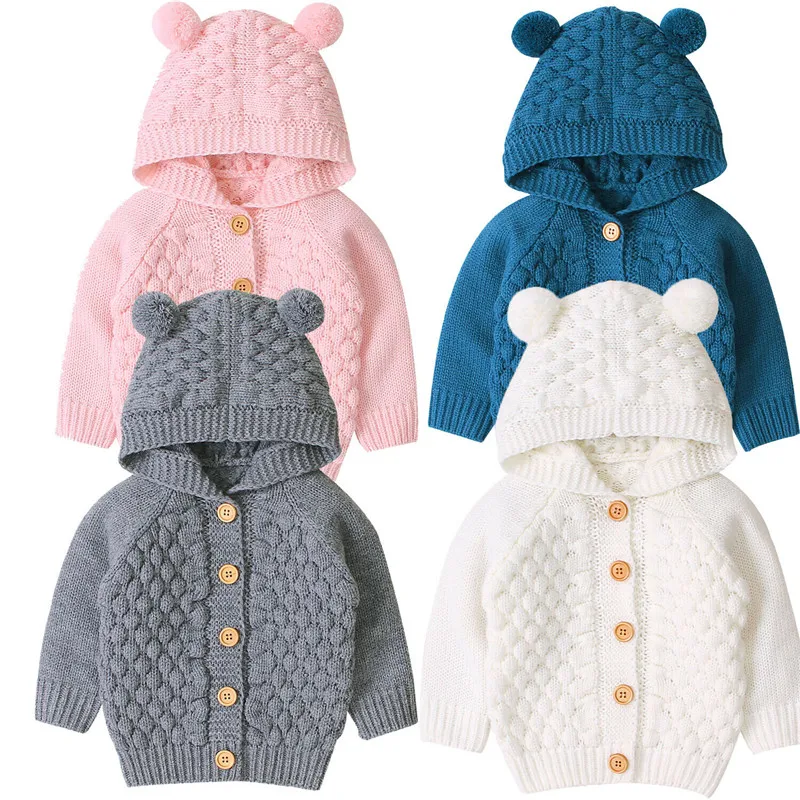 0-24M Baby Sweater Coats Boys Girls Autumn Winter Clothing Solid Color Long Sleeve Hooded Knit Tops Toddler Knitwear Outerwear knit sweater