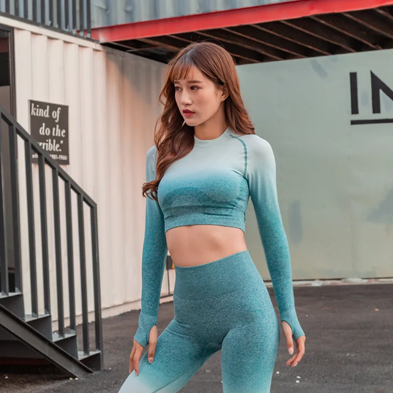 

Ombre Seamless Leggings Sports Bra Long Sleeve Crop Top 3Pcs Yoga Set Women Running Gym Clothing High Waist Fitness Sports Suit