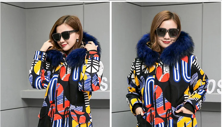 Fur Parkas Highstreet Printed Real Fox Fur Collar Hooded Thick Warm Rabbit Fur Lining Long Coat Women Winter Casual Plus Outwear