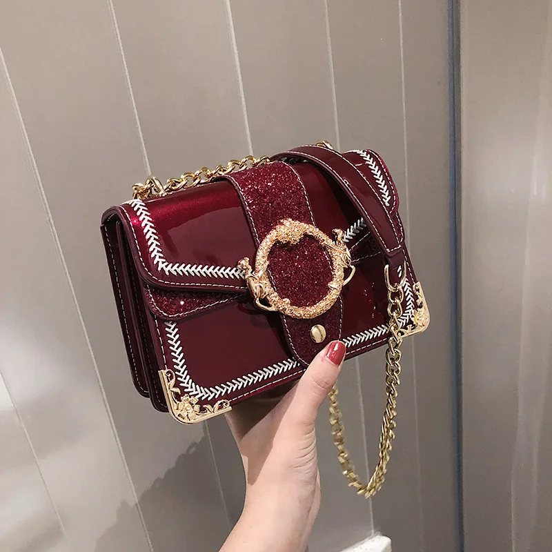 

JIULIN 2019 tide new foreign-style textured patent leather small square bag Korean fashion chain shoulder Messenger bag