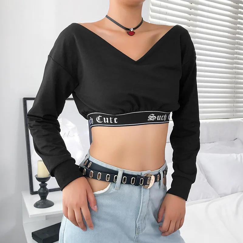 

YYXZ Autumn Fashion Loose Patchwork Letters Long Sleeve Lady Tee V-neck SML Black Woman Casual Short T-Shirt Cotton Crop Top