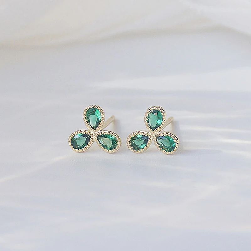 Elegant Tiny Green Crystal 3 Leaves Earrings for Women Feminia Korean 14K Real Gold Stud Earrings Wedding Engagement Accessories - Image 4