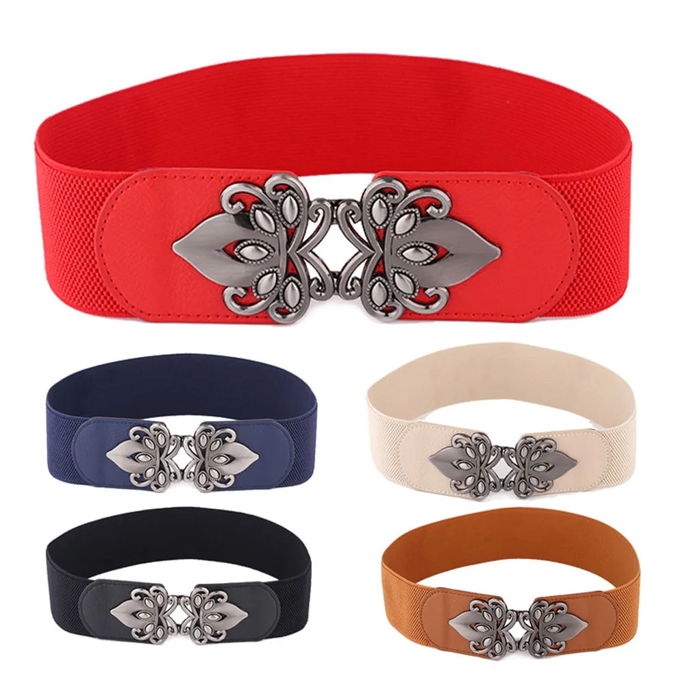 

Retro Elastic Stretch Women Waistband Solid Color Metal Totem Adjustable Buckle Wide Waist Belts Female Dress Shirt Accessories
