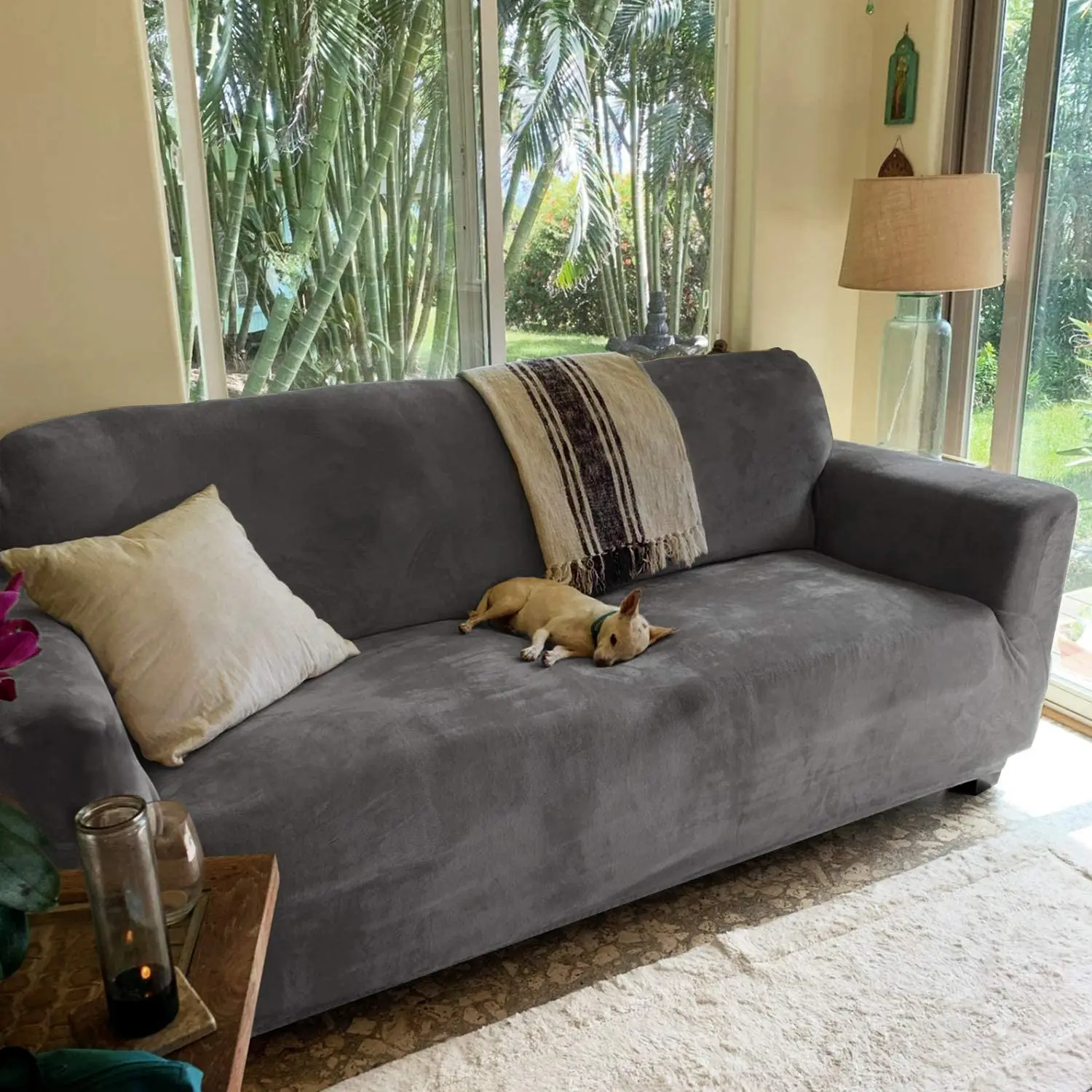 

RHF Solid Color Elastic Sofa Cover Modern Polyester Sofa Couch Slipcover Universal Protector Living Room 1/2/3/4 Seater