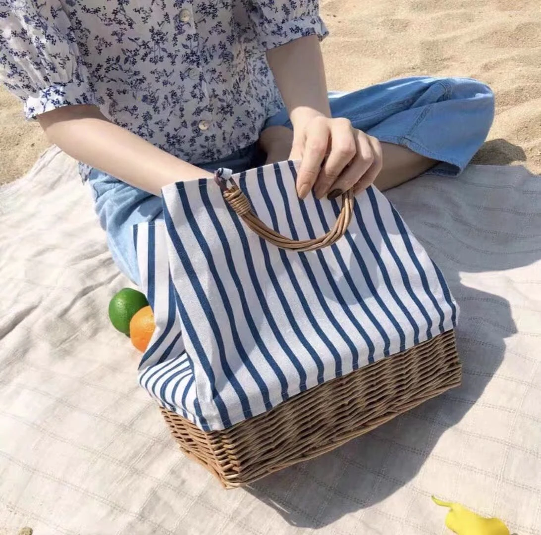 Bolsos de playa de paja de lona a rayas, bolso bohemio hecho a mano de  ratán, bolso de mano tejido portátil, bolso de compras grande de mimbre  tejido para verano|Bolsas de almacenamiento| -