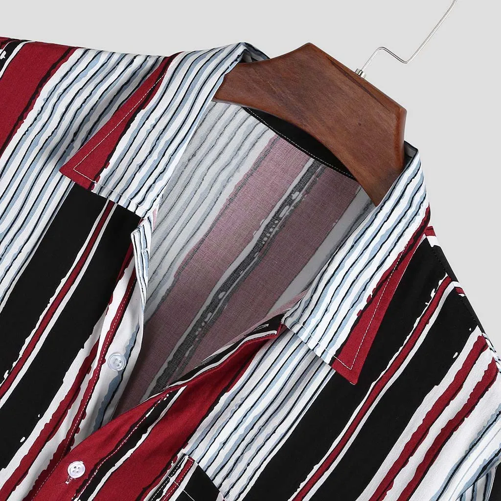 Womail Новое поступление мужские свободные рубашки в цветную полоску с нагрудным карманом с коротким рукавом и круглым подолом Летняя мужская одежда