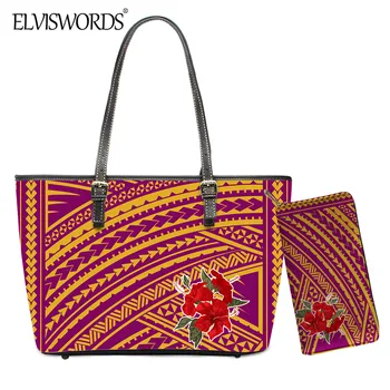 

ELVISWORDS Luxury Leather Handbag and Purse for Women Hawaii Hibiscus Printed Durable Shoulder Tote Fashion Polynesian Purse