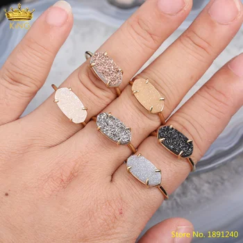 

5pcs Gold Color Geode Druzy Agates Adjustable Rings Jewelry,Natural Drusy Agates Oval Beads Simple Ring For Women Summer Gift