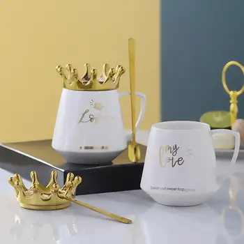 

Light Luxury Nordic Creative Crown Ceramic Cup With Lid Mug Gift Cup Gilded Mug Coffee Cup Couple Coffee Cup