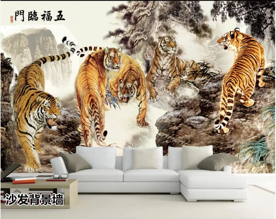 Papel de parede 3d para sala de estar, mural de parede chinês tigre,  montanha, floresta, corrida, decoração da casa, papel de parede 3 d