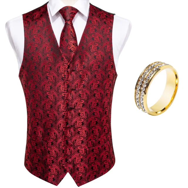 Men's Classic Party Wedding Silk Vest Paisley Jacquard Waistcoat Vest Red Pocket Square Tie Ring Cufflinks Suit Set DiBanGu 2