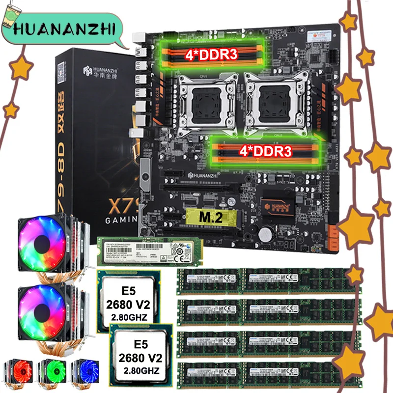 ^Cheap HUANANZHI X79-8D motherboard combo with M.2 256G NVMe SSD dual CPU Xeon E5 2680 V2 dual 6 tubes coolers RAM 256G(8*32G) RECC
