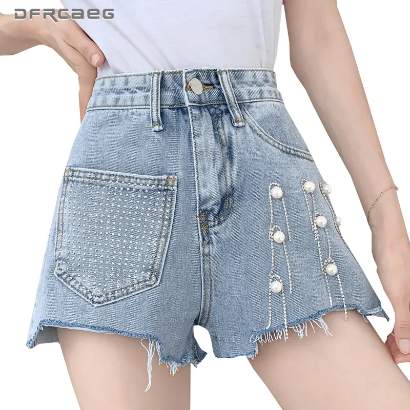 Шорты бойфренды женские джинсовые свободного покроя с бусинами и жемчугом