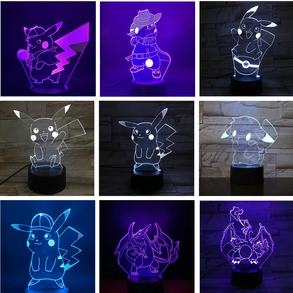 Pokemon Anime 3D Lamp Pikachu Charizard Cute Night Lights Led Set Children Bedroom Lampara Pocket Monster Colorful Lighting Gift