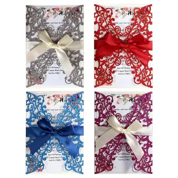 

20 Pcs Glitter Wedding Invitation Cards Personalized Hollow out Cover Pocket with Bow Ribbon Envelopes Engagement Supply