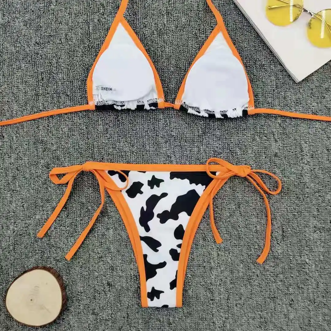 Cow Printed 2pcs Sexy Women Summer Swimwear Bikini Set G-String Thong Beach Triangle Suit Swimsuit Bathing Suit Swimming Suit
