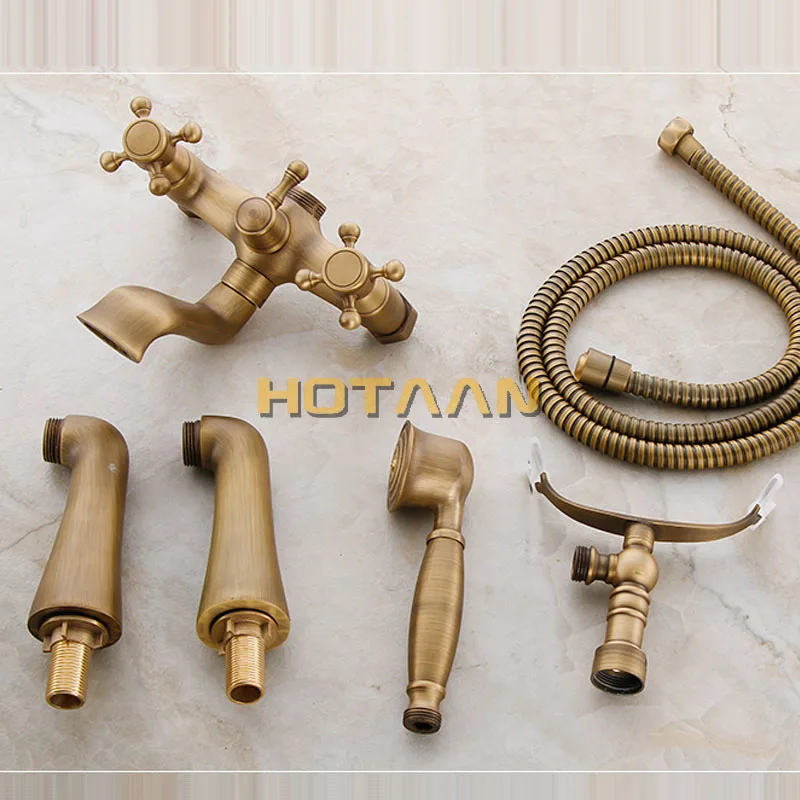 Deck Mounted Bath Tub Faucet Solid Brass Hand Shower Dual Handle Mixer Crane
