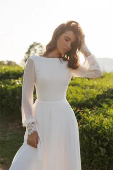 2021 abito da festa di nozze da spiaggia a maniche lunghe Boho Appliques abiti da sposa in Chiffon di pizzo o-collo abito da sposa senza schienale principessa