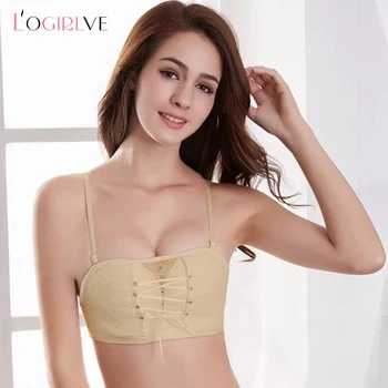 

Logirlve Women Soft Underwear Strapless Push Up Sexy Lace Breathable Lingerie Bra Bandage Backless Wire Free With Drawstrings