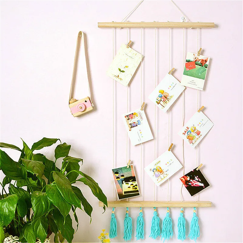 

DIY Photo Frame Hanging Clips Wooden Picture Card Holder Wall Decoration for Wedding Party Photo Props Bedroom Hemp Rope Frames
