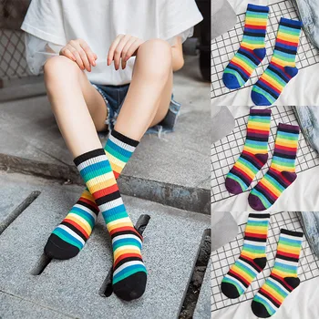 

Funny Socks Women Multicolor Stripe Socks Mid Tube Socks Cotton Retro Style Rainbow Sock Calcetines Mujer Chaussette Femme